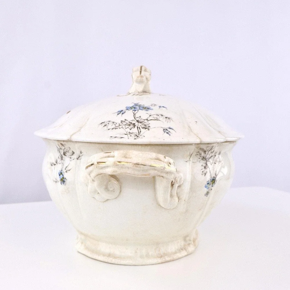 Antique White Ironstone Soup Tureen with Lid - Blue Floral, Hand Signed Base